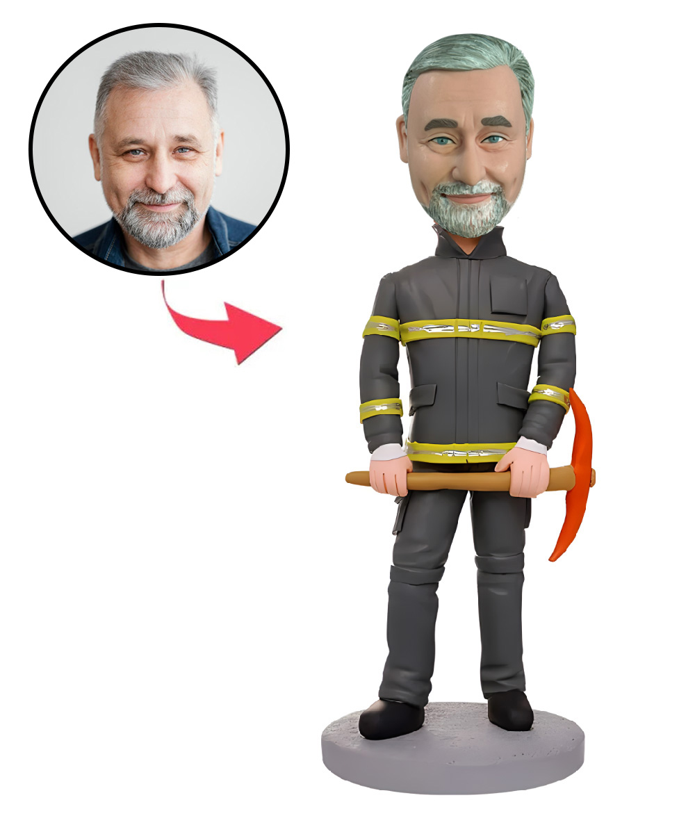 Fireman Holding Tools Custom Bobblehead With Engraved Text