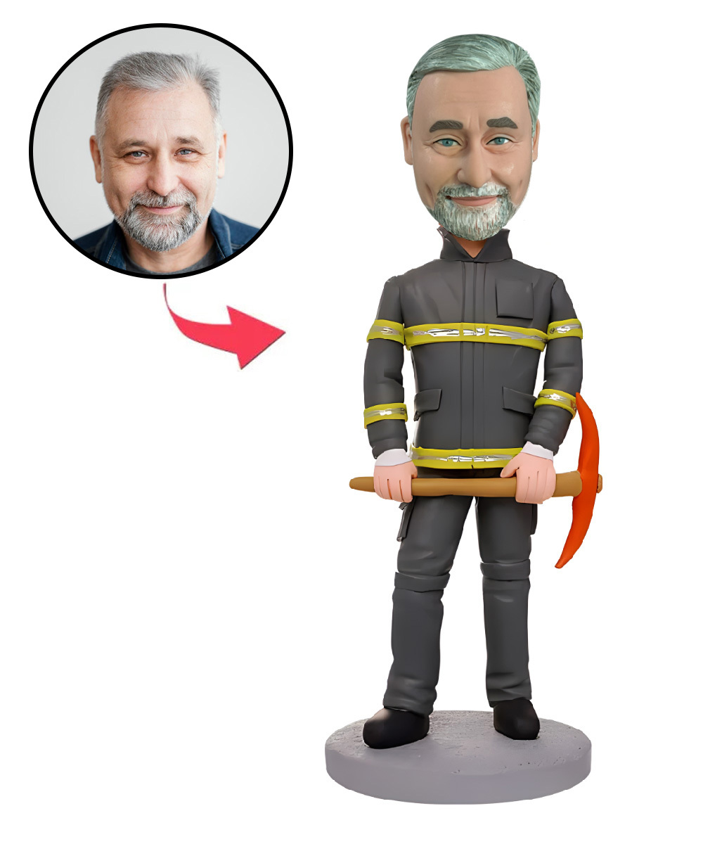 Fireman Holding Tools Custom Bobblehead With Engraved Text