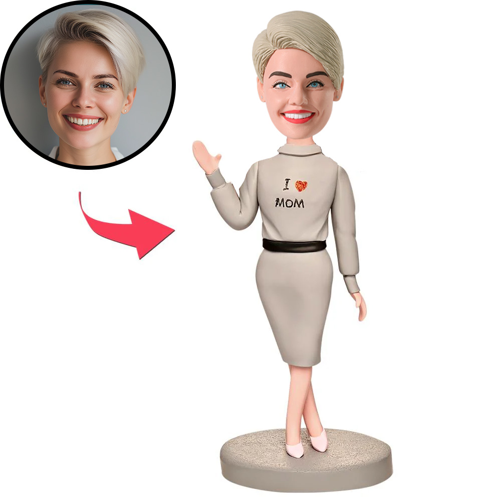 Mother in Grey Dress Custom Bobblehead with Engraved Text