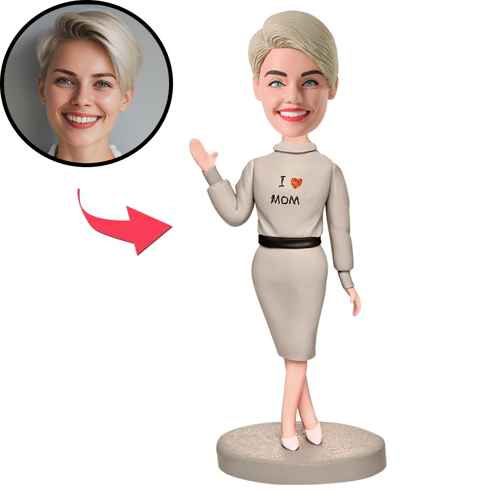 Mother in Grey Dress Custom Bobblehead with Engraved Text