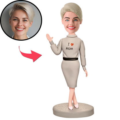 Mother in Grey Dress Custom Bobblehead with Engraved Text