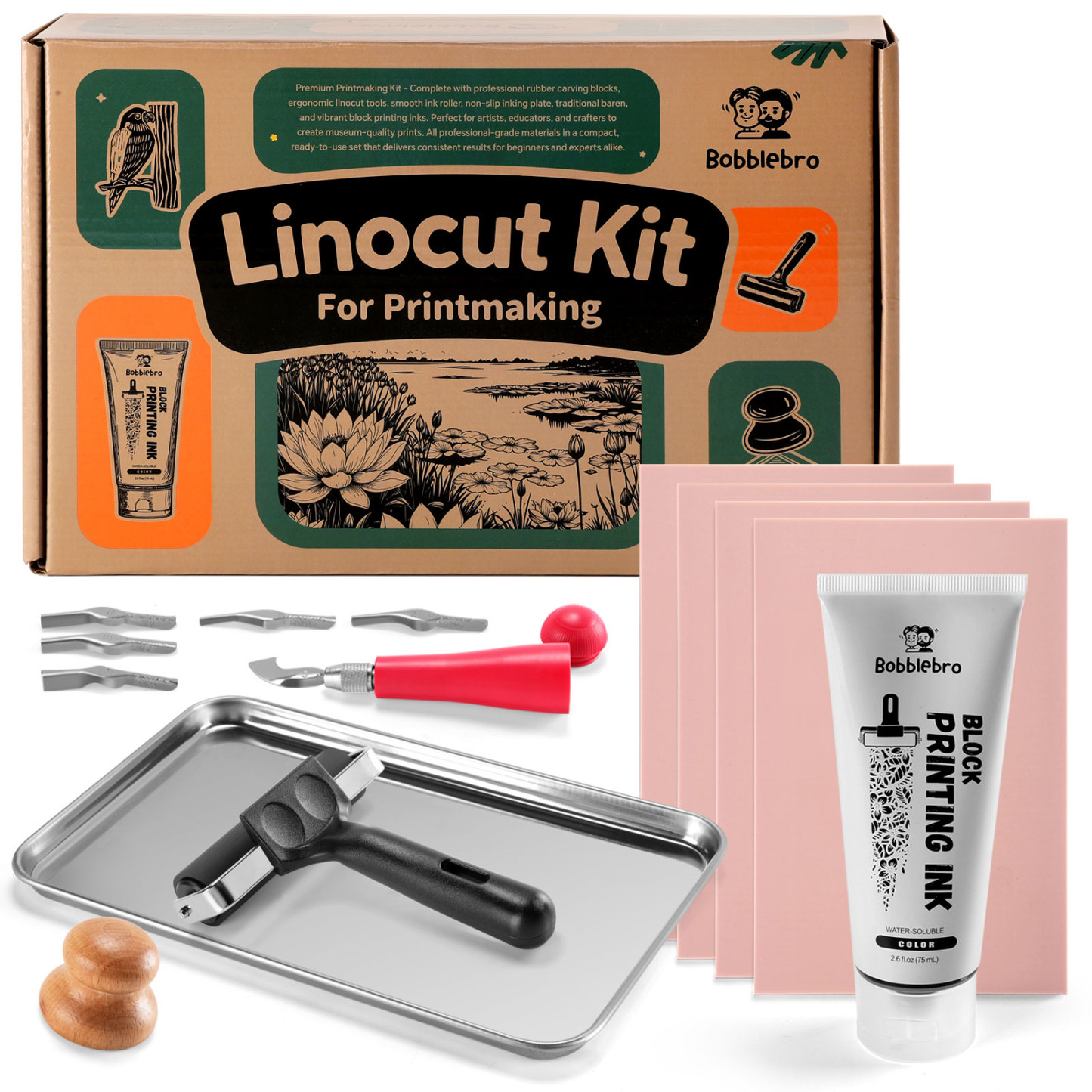 Linoleum Blocks for Printmaking, Stamp Carving Linocut Kit, Linocut Tools Block Screen Printing Kit with Cutters Carving Tools, Linocut Block, Printing Ink, Brayer Roller, Baren for Beginners DIY Gift