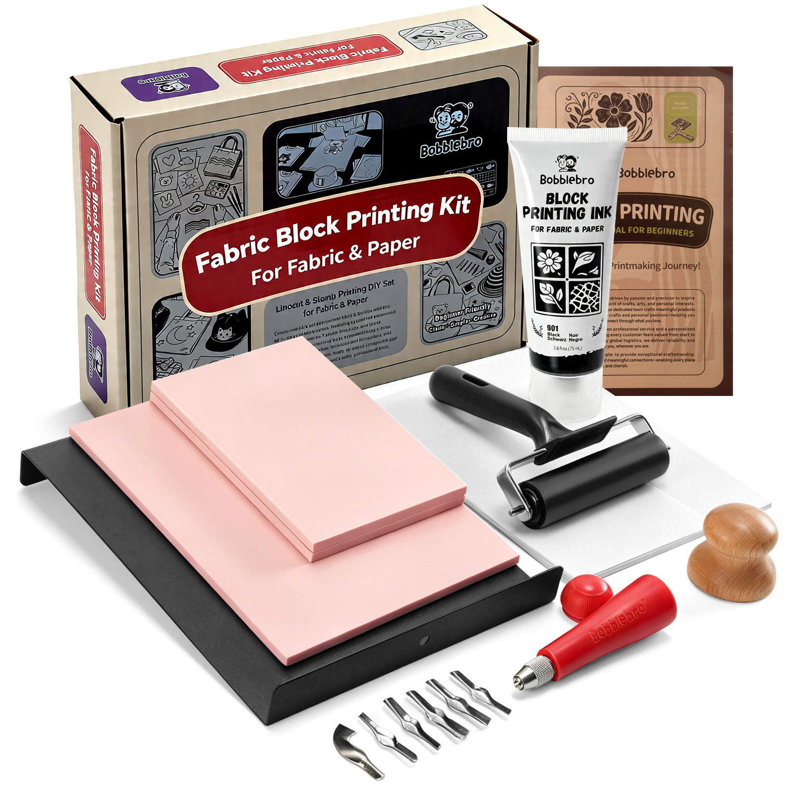 Bobblebro Linocut Kit for Printmaking - Fabric Block Printing Kit with 2.6 oz Fabric Ink for Fabric and Paper, Stamp Making Kit & Carving Tools - Arts and Crafts for Adults 