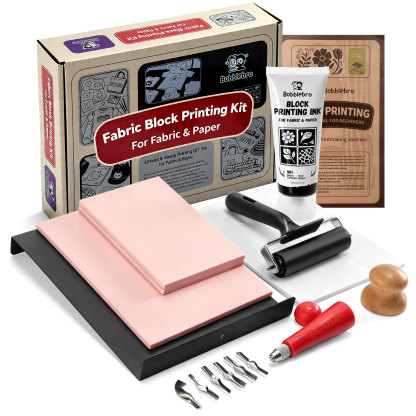 Bobblebro Linocut Kit for Printmaking - Fabric Block Printing Kit with 2.6 oz Fabric Ink for Fabric and Paper, Stamp Making Kit & Carving Tools - Arts and Crafts for Adults 