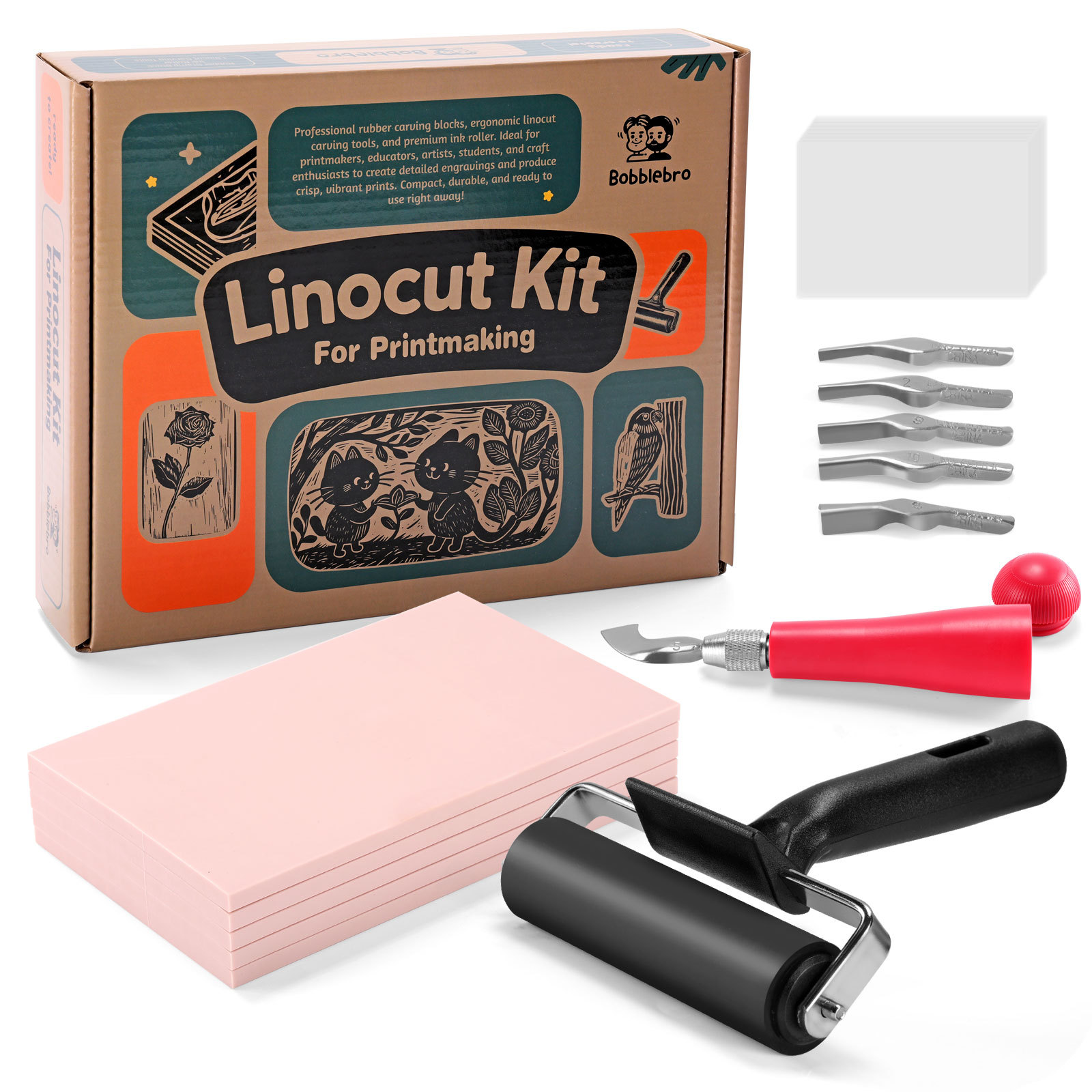 Linocut Kit for Printmaking with 5PCS 4"x6" Soft Rubber Linoleum Blocks, Brayer & Carving Tools – Block Printing & Stamp Making Supplies for Beginners & Artists