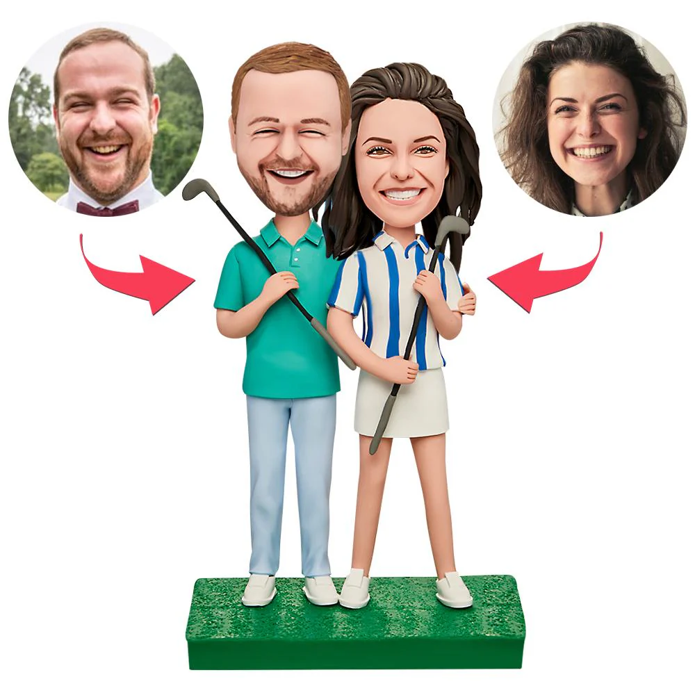 Couple Playing Golf Custom Bobblehead with Engraved Text