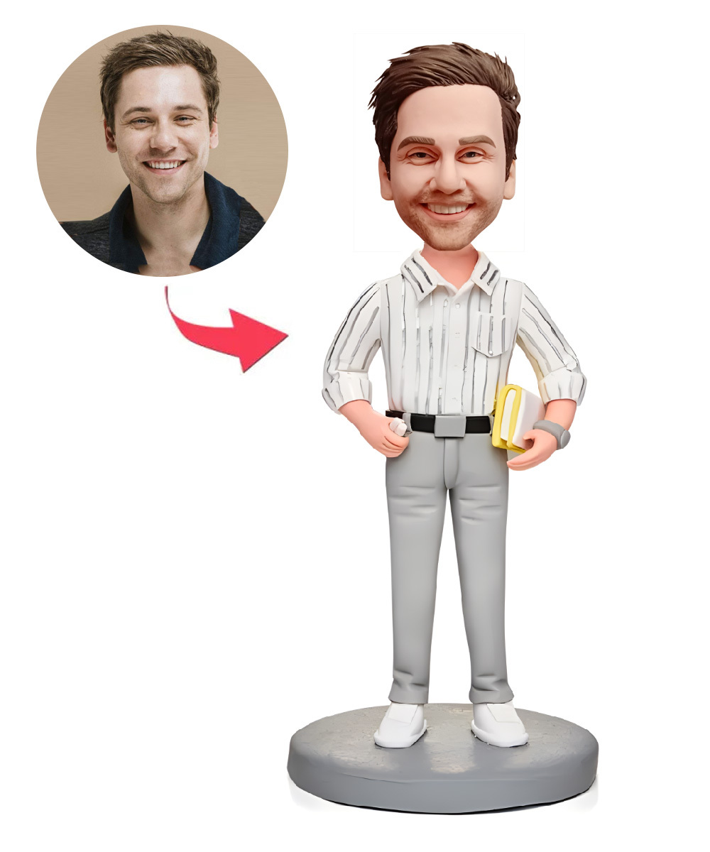 Male Teacher Holding a Book Custom Bobblehead With Engraved Text