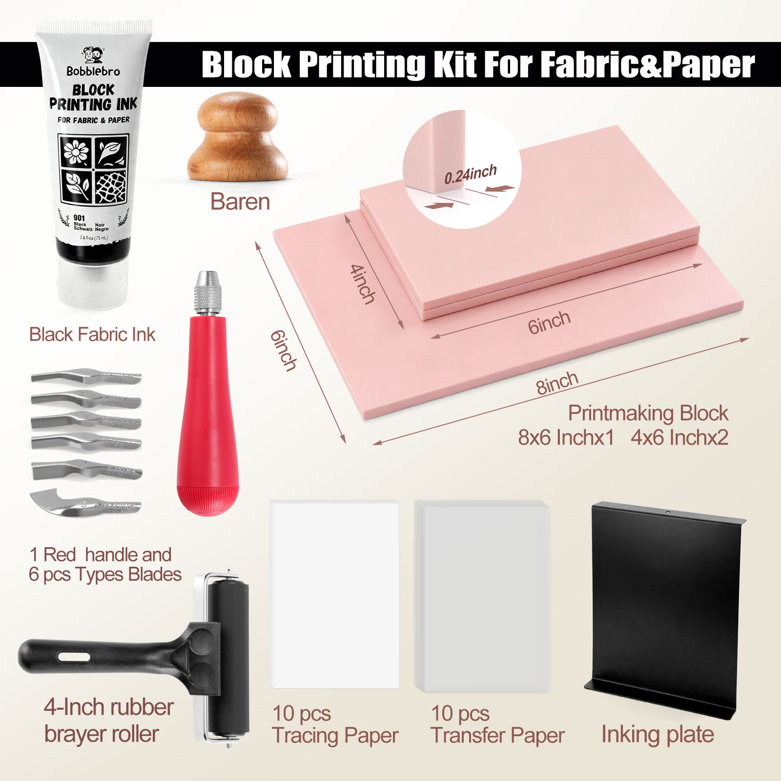Bobblebro Linocut Kit for Printmaking - Fabric Block Printing Kit with 2.6 oz Fabric Ink for Fabric and Paper, Stamp Making Kit & Carving Tools - Arts and Crafts for Adults 
