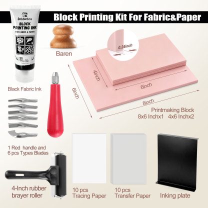 Bobblebro Linocut Kit for Printmaking - Fabric Block Printing Kit with 2.6 oz Fabric Ink for Fabric and Paper, Stamp Making Kit & Carving Tools - Arts and Crafts for Adults 