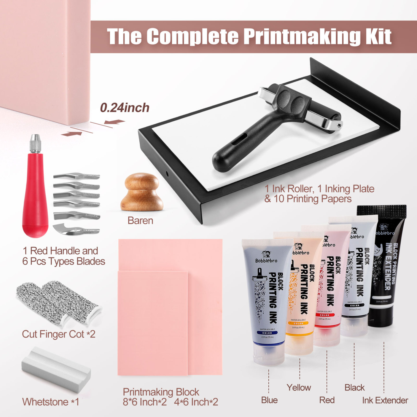 Linoleum Blocks for Printmaking, Stamp Making Carving Linocut Kit for Kids DIY Gift, Rubber Stamp Carving Screen Printing Kit with 4 Colors Block Printing Ink, Rubber Block, Linocut Tools