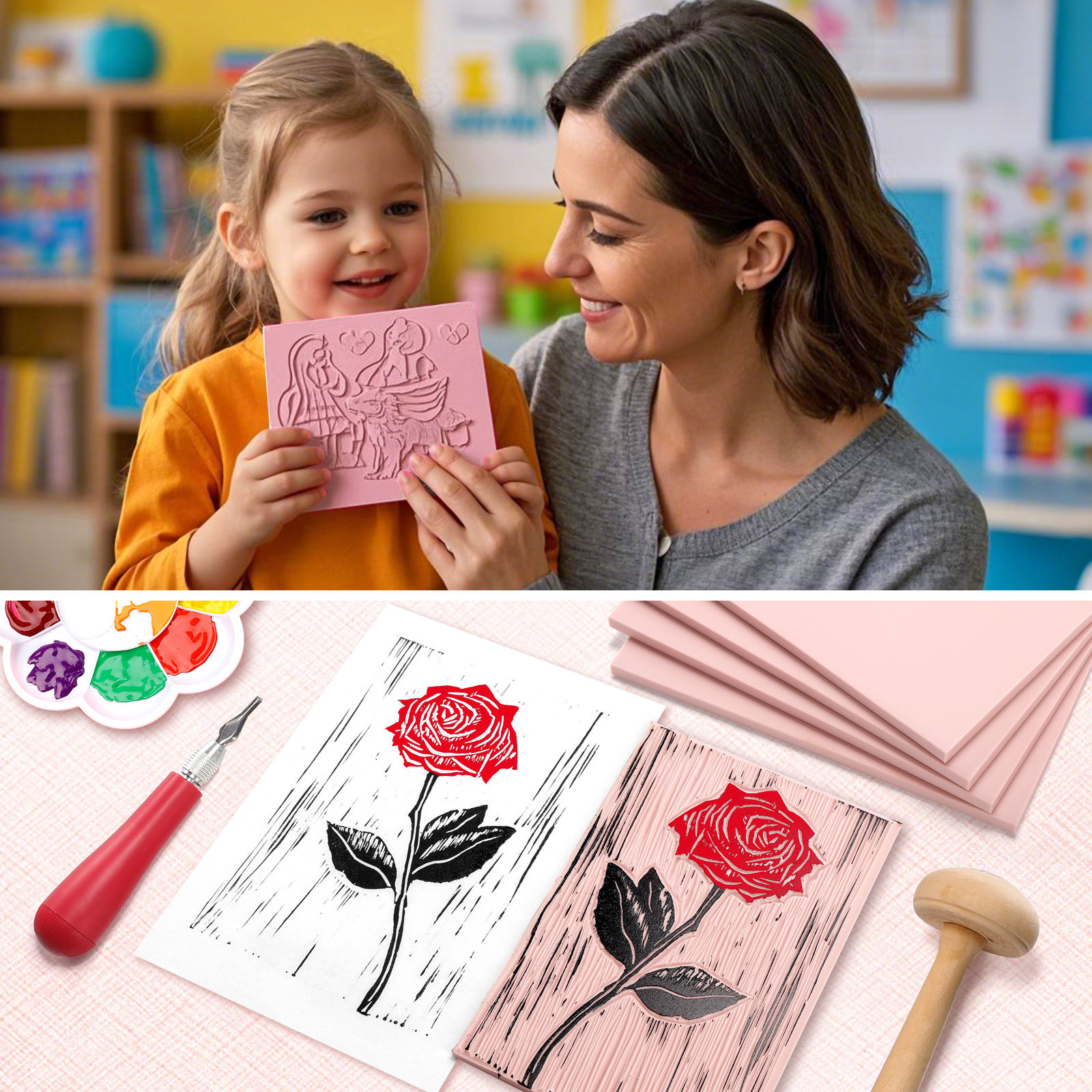 Linocut Kit for Printmaking with 5PCS 4"x6" Soft Rubber Linoleum Blocks, Brayer & Carving Tools – Block Printing & Stamp Making Supplies for Beginners & Artists