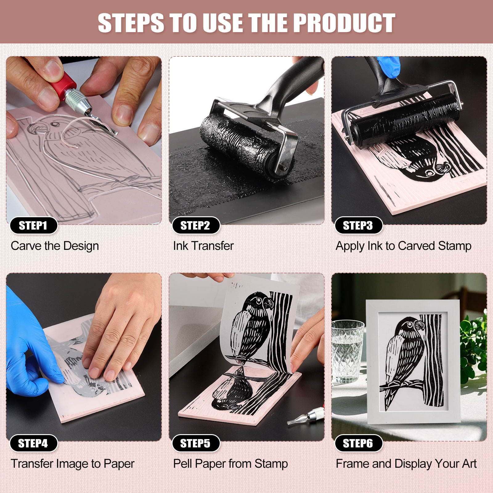 Linoleum Blocks for Printmaking, Stamp Making Carving Linocut Kit for Kids DIY Gift, Rubber Stamp Carving Screen Printing Kit with 4 Colors Block Printing Ink, Rubber Block, Linocut Tools