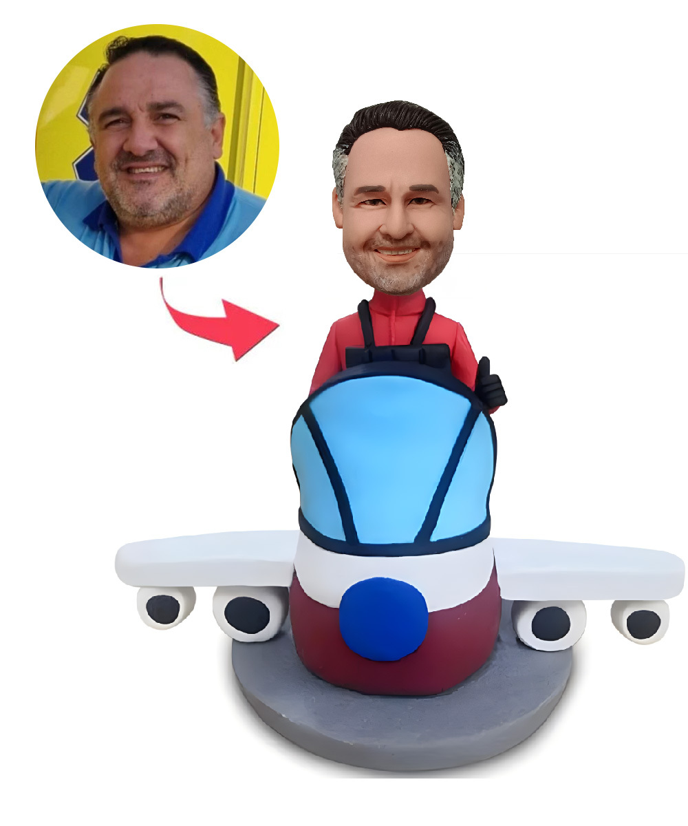 Pilot With Plane Custom Bobblehead With Engraved Text