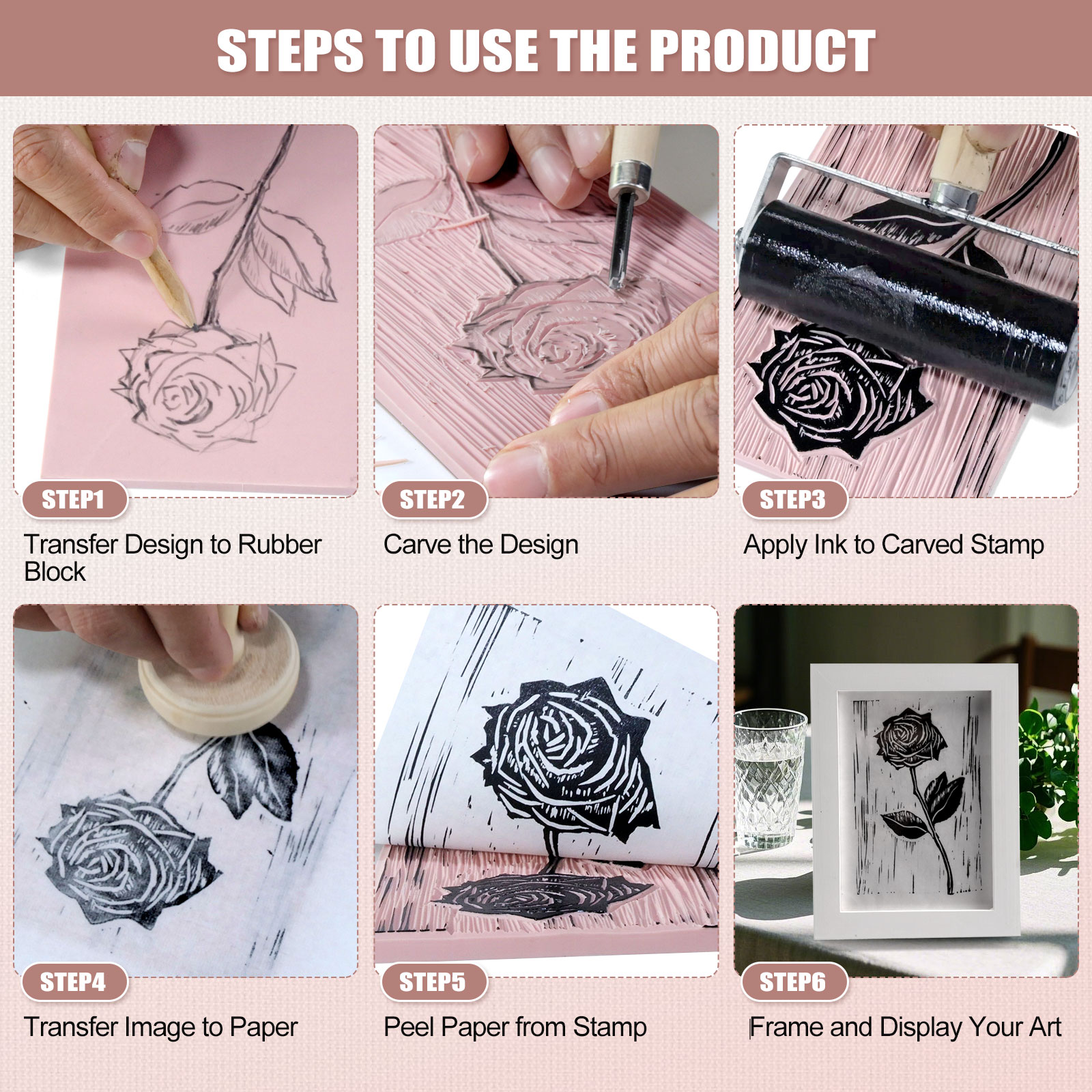 Linoleum Blocks for Printmaking Supplies - 6PCS 4”x6”Rubber Linocut Block Printing Kit for Stamp Carving, Soft Relief Printing Linoleum for DIY Crafts & Art Projects