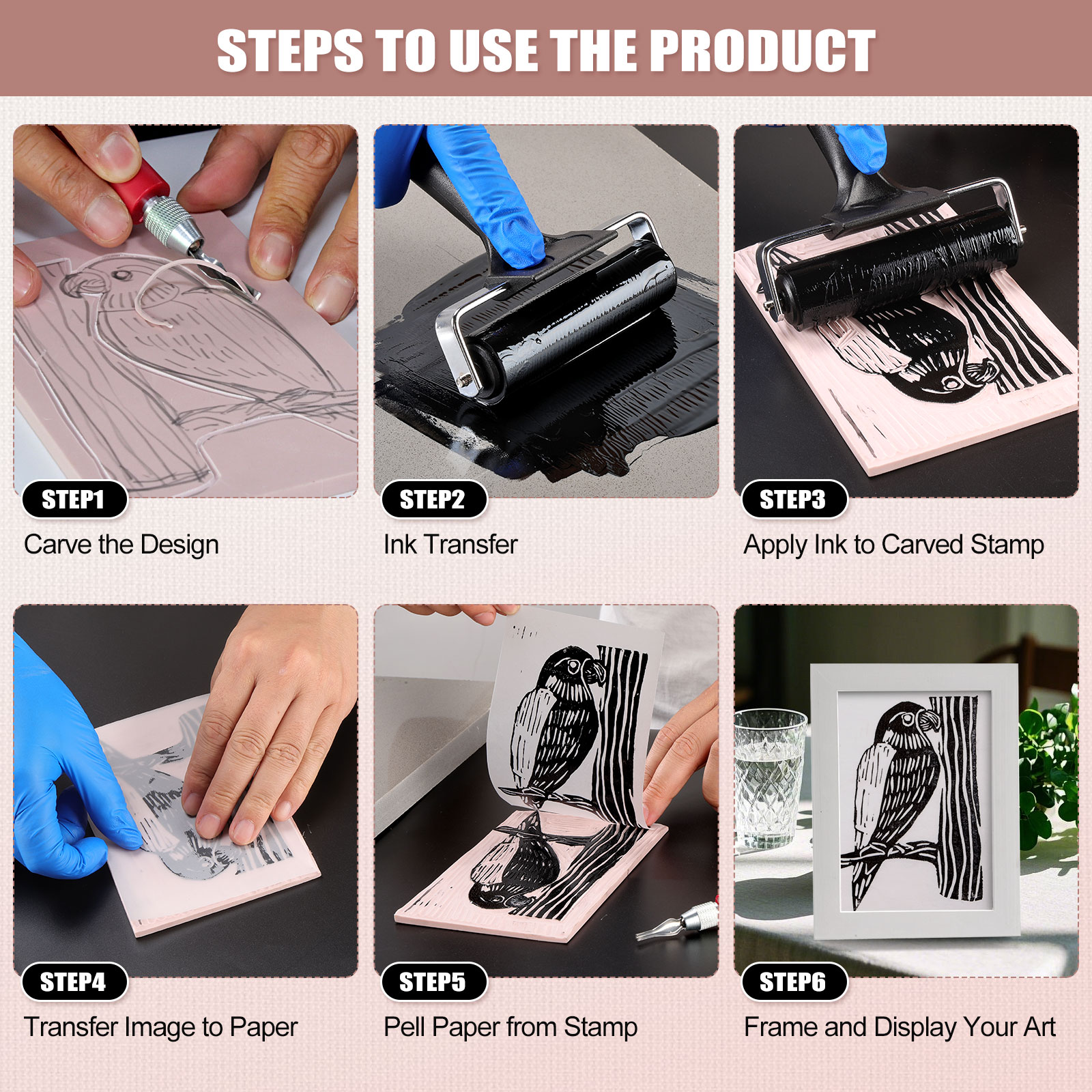 Linocut Kit for Printmaking with 5PCS 4"x6" Soft Rubber Linoleum Blocks, Brayer & Carving Tools – Block Printing & Stamp Making Supplies for Beginners & Artists