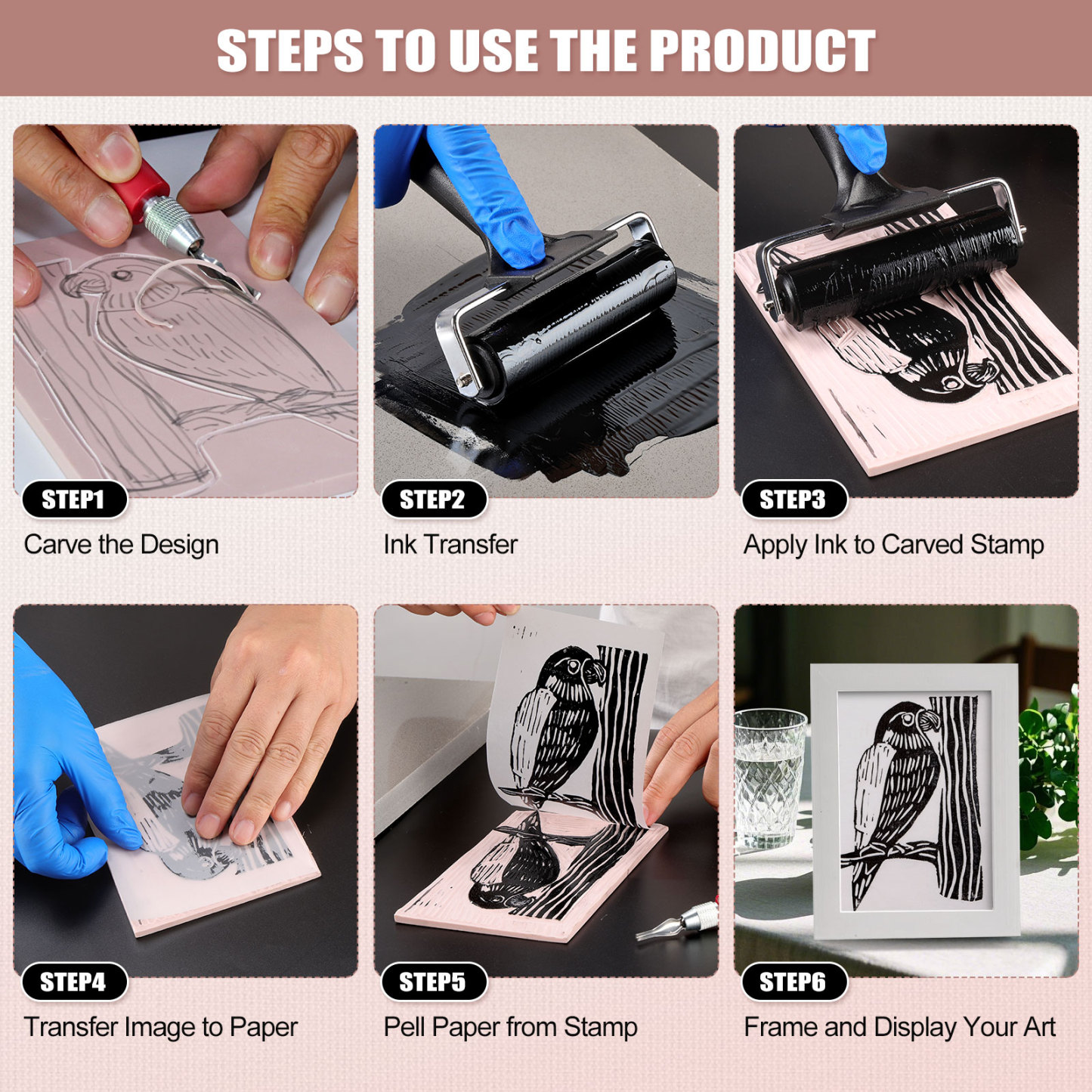 Linocut Kit for Printmaking with 5PCS 4"x6" Soft Rubber Linoleum Blocks, Brayer & Carving Tools – Block Printing & Stamp Making Supplies for Beginners & Artists