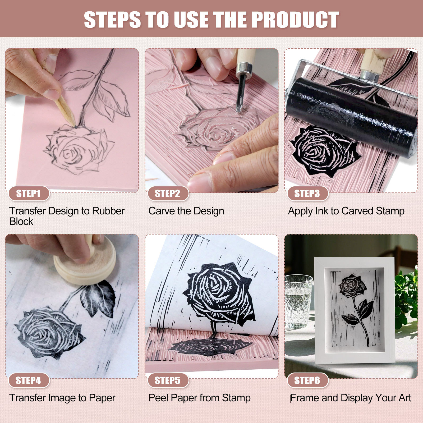 Linoleum Blocks for Printmaking Supplies - 6PCS 8”x6”Rubber Linocut Block Printing Kit for Stamp Carving, Soft Relief Printing Linoleum for DIY 