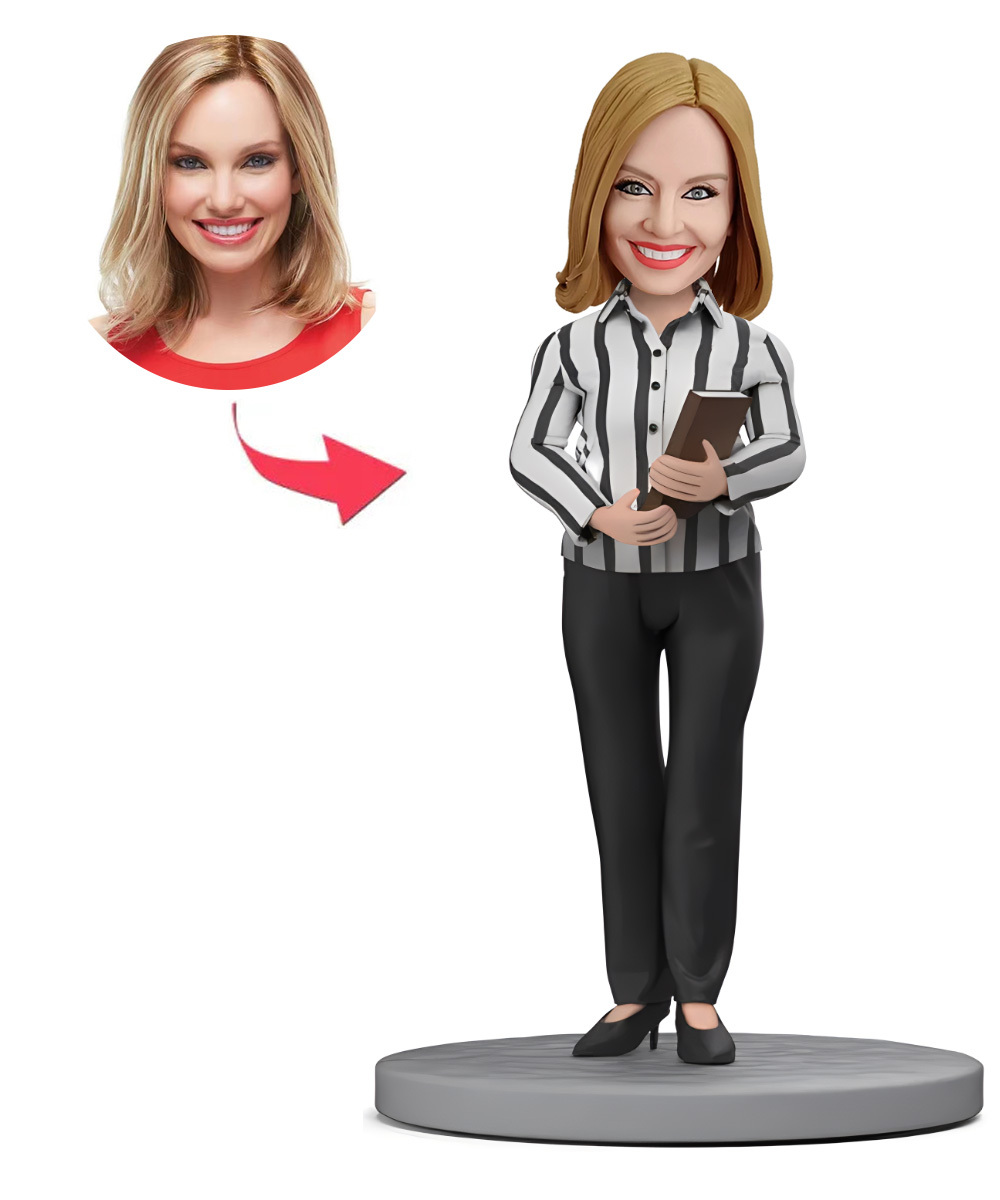 Female Teacher in Striped Shirt Custom Bobblehead With Engraved Text