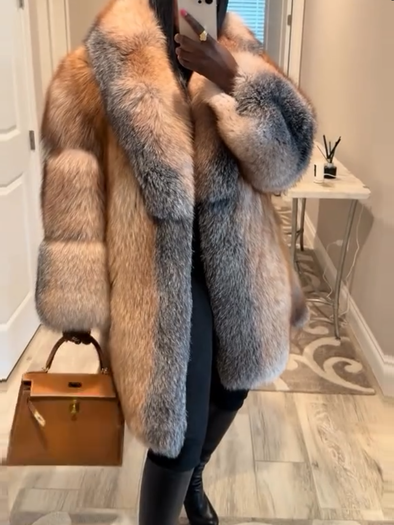 Women's Elegant Warm Brown Fox Fur Coat