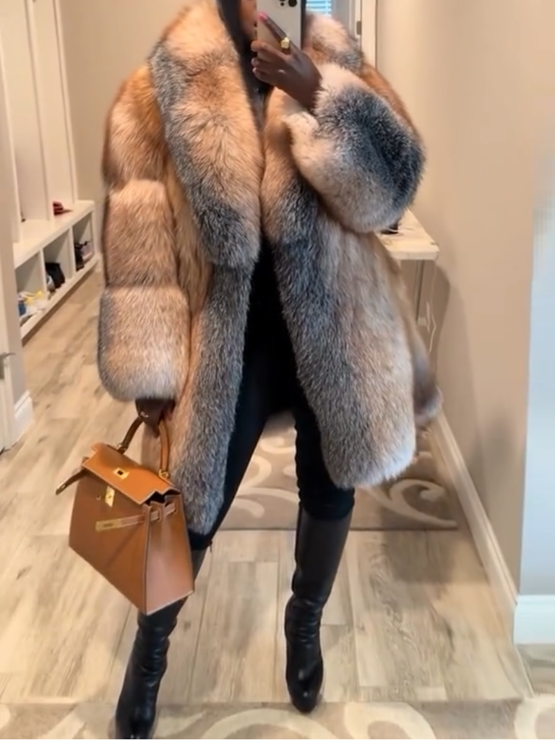 Women's Elegant Warm Brown Fox Fur Coat
