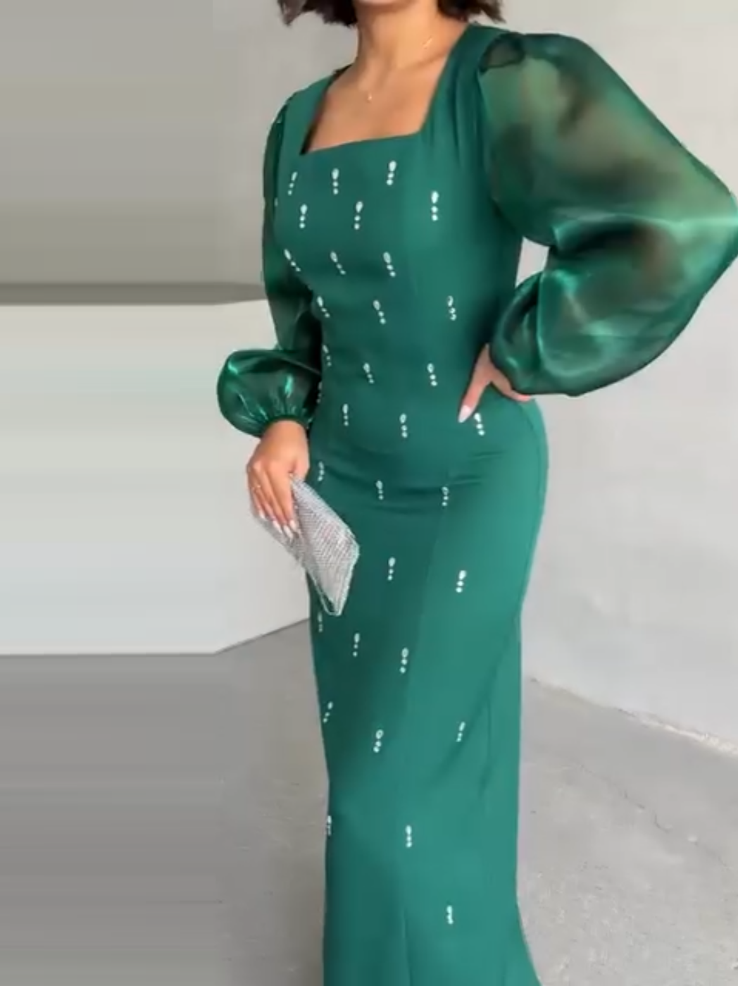 Elegant Bubble Long Sleeve Diamond Embellished Dress