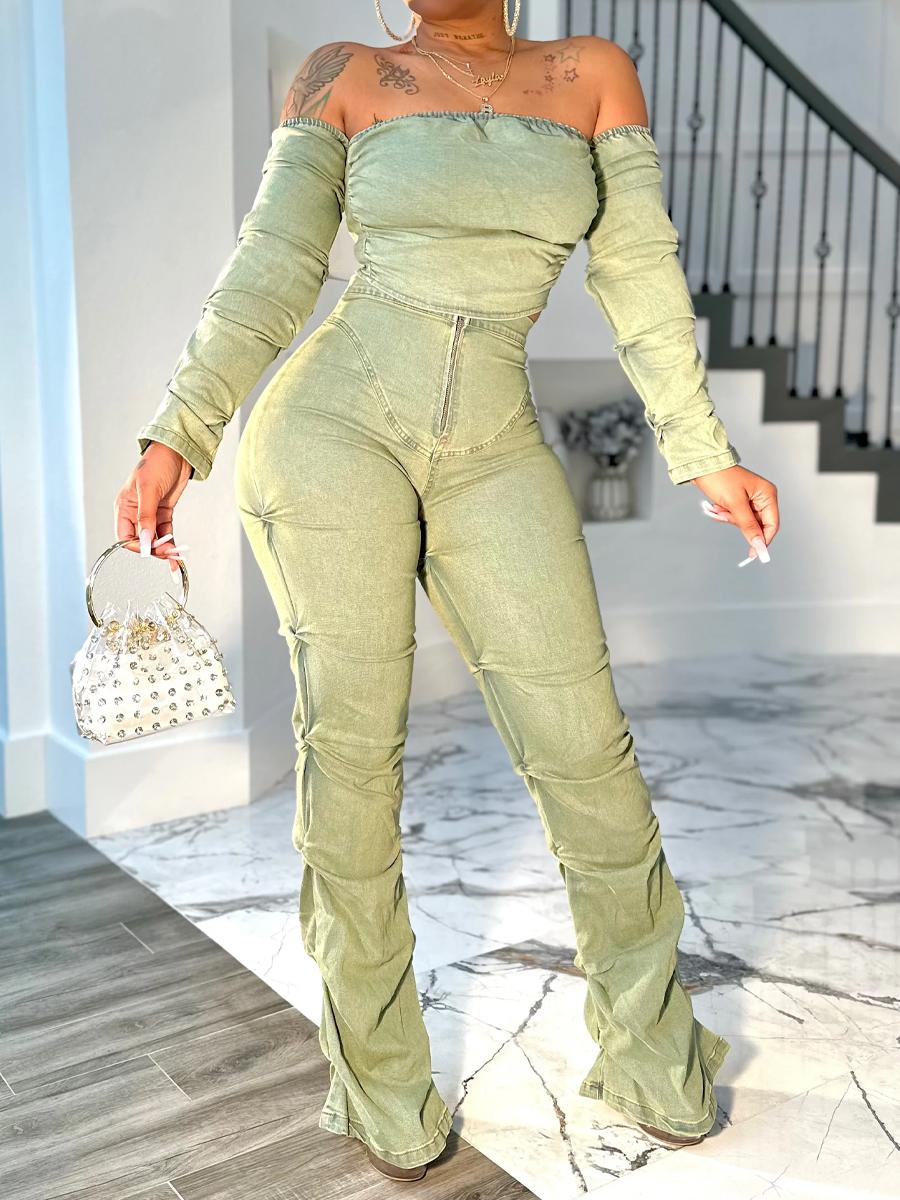 Denim Off Shoulder Two Pieces Set