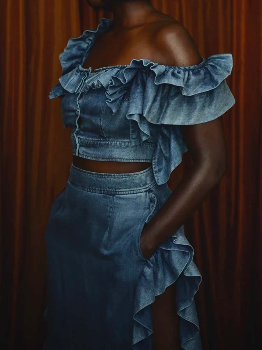 Denim Ruffled Off Shoulder Two Pieces Dress