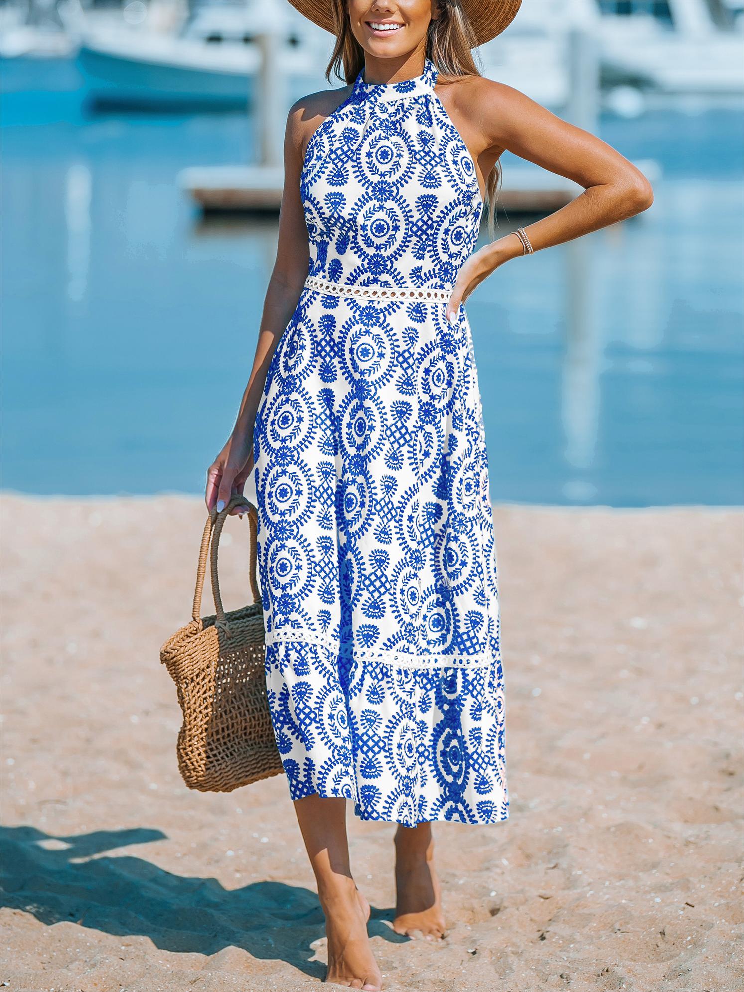 Blue&White Pattern Halter Sleeveless Dress