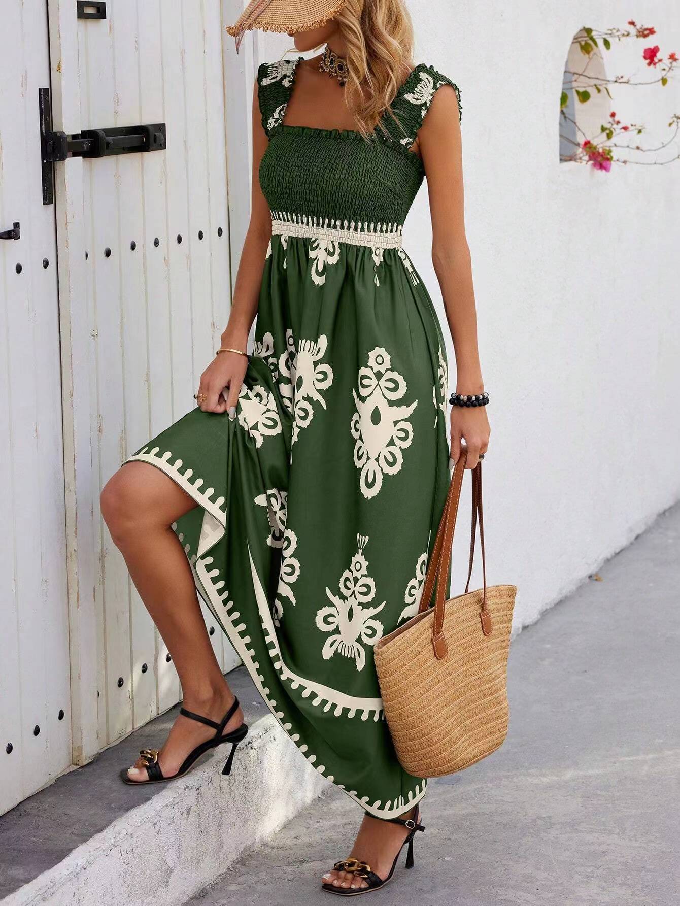 Printed Square Neck Long Dress