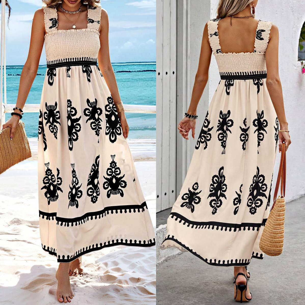 Printed Square Neck Long Dress