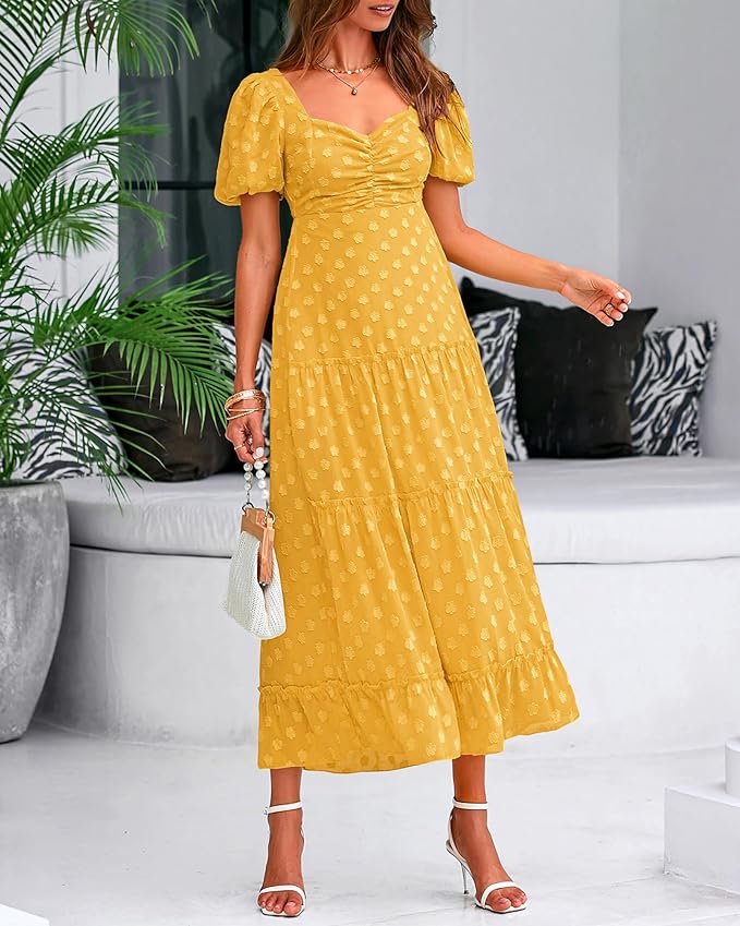 Yellow Square Collar Bohemian Dress
