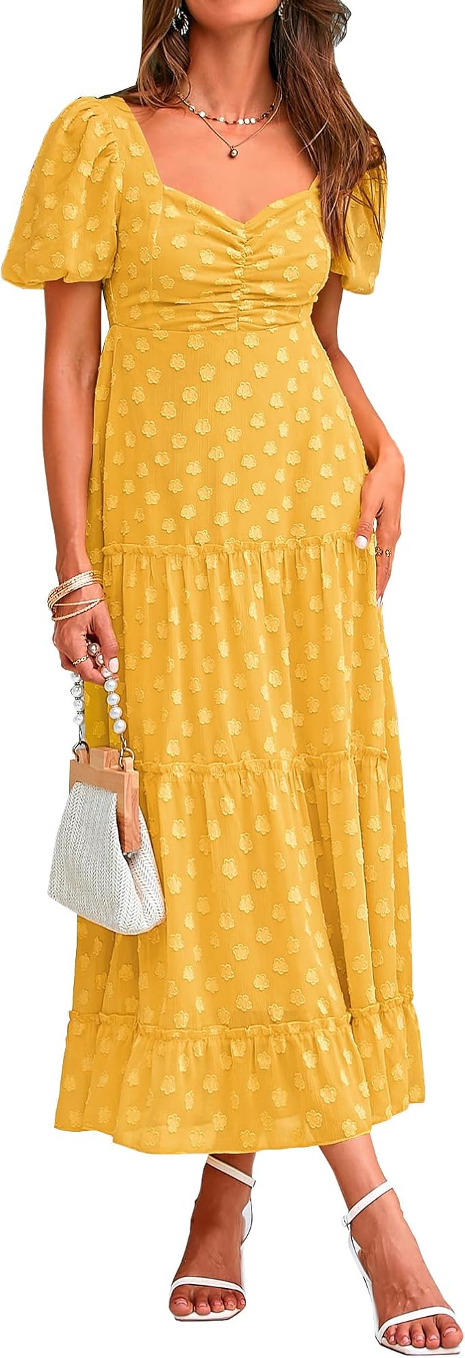 Yellow Square Collar Bohemian Dress