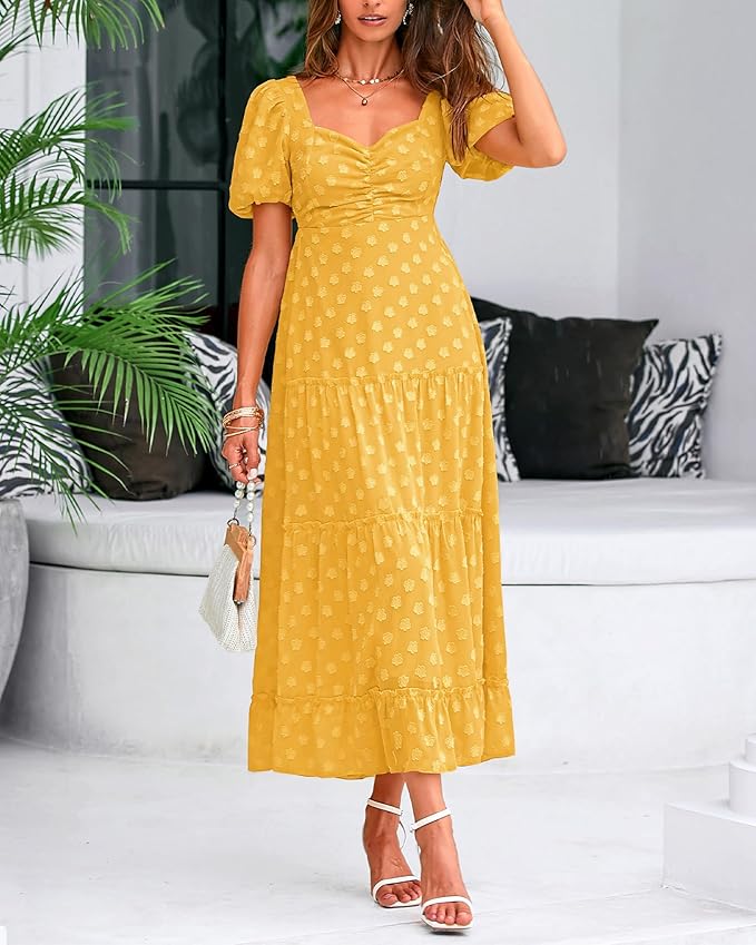 Yellow Square Collar Bohemian Dress
