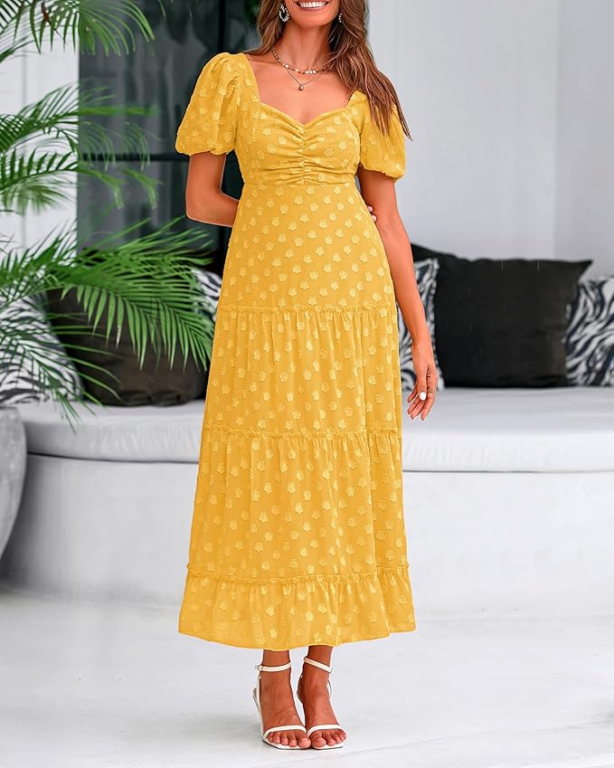 Yellow Square Collar Bohemian Dress