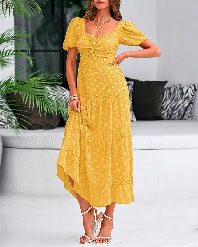 Yellow Square Collar Bohemian Dress