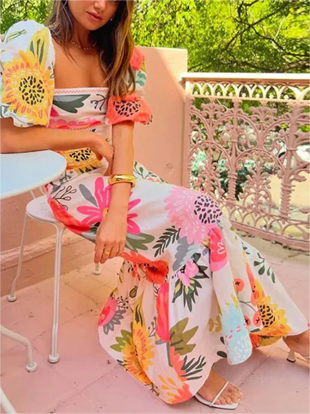 Pre-Order Multicolor Square Neck Puff Sleeve Tiered Floral Maxi Dress