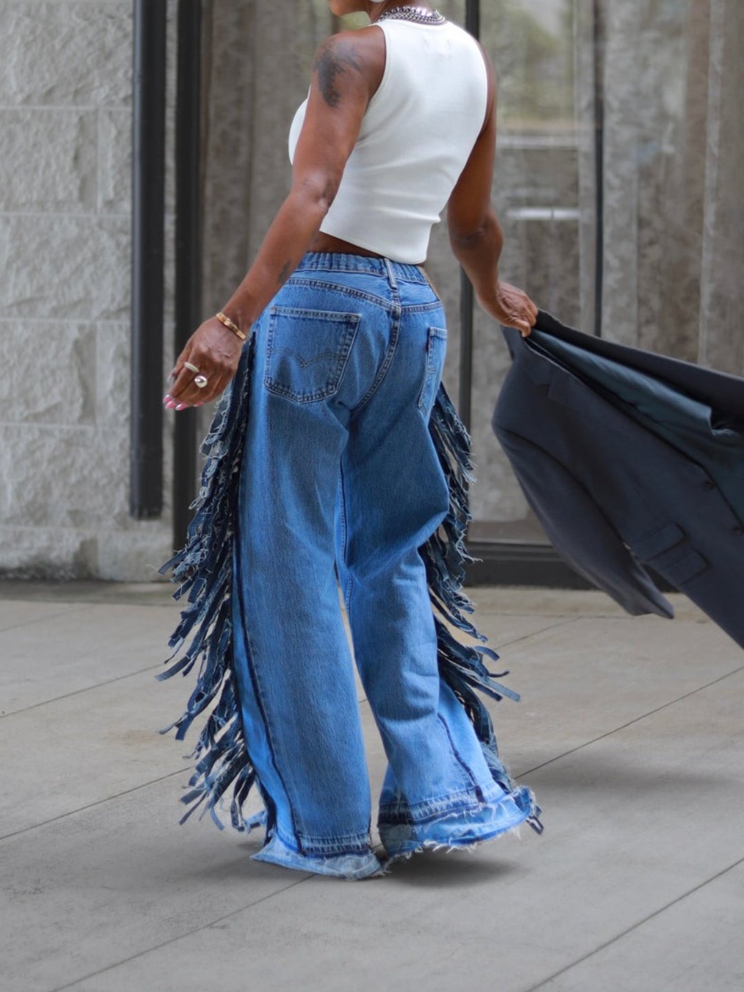 Denim Wideleg Fringe Jeans