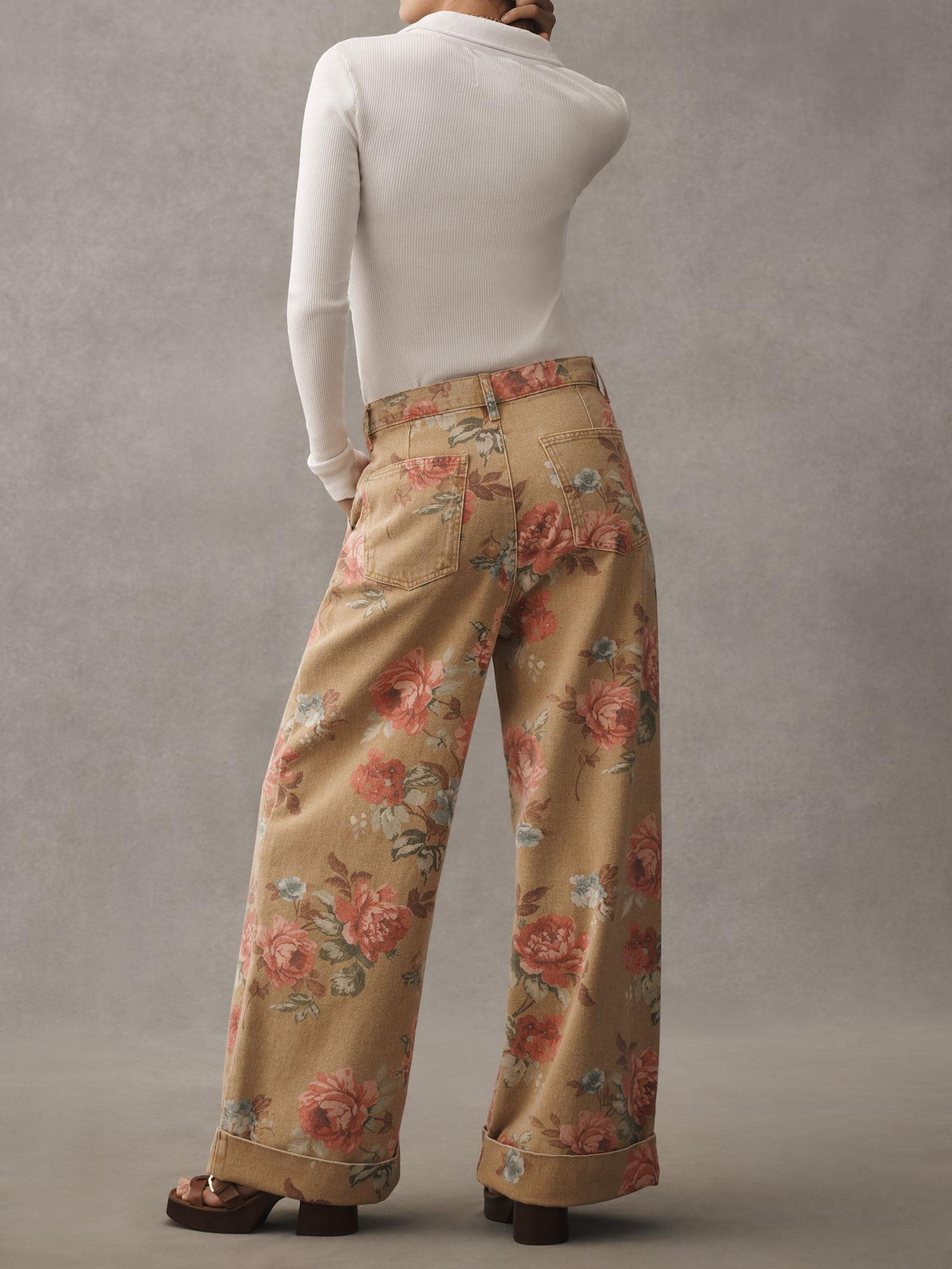 Rose-Print High-Rise Wide-Leg Cuff Jeans