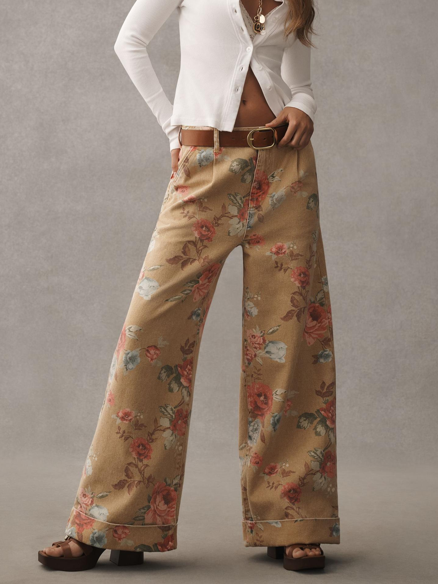 Rose-Print High-Rise Wide-Leg Cuff Jeans