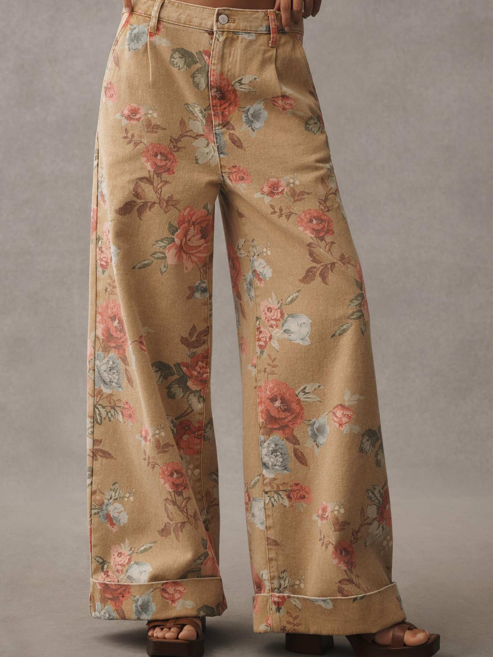 Rose-Print High-Rise Wide-Leg Cuff Jeans