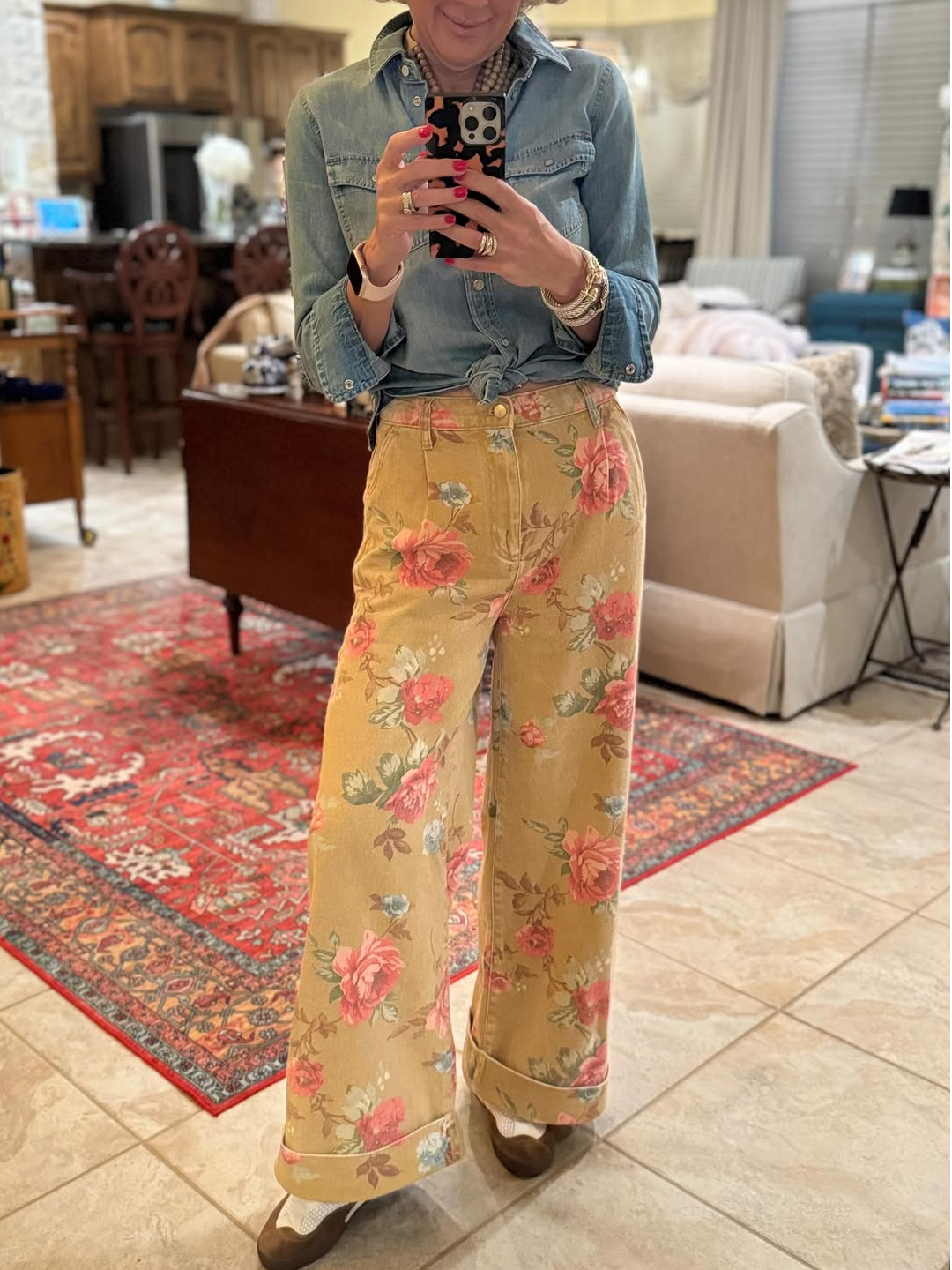 Rose-Print High-Rise Wide-Leg Cuff Jeans