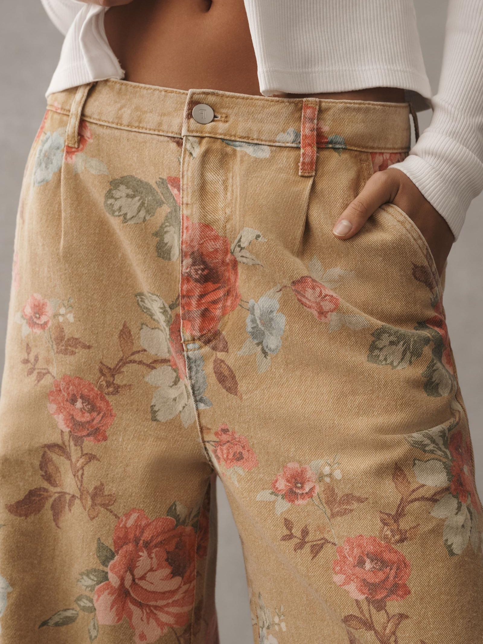 Rose-Print High-Rise Wide-Leg Cuff Jeans