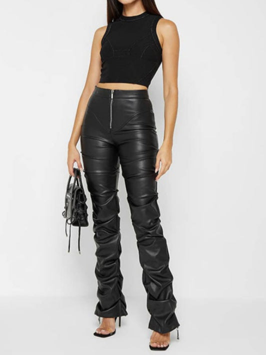 Faux Leather Ruffle Ruched Leggings