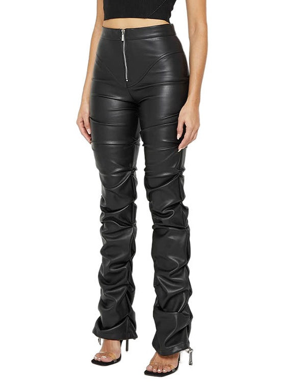 Faux Leather Ruffle Ruched Leggings