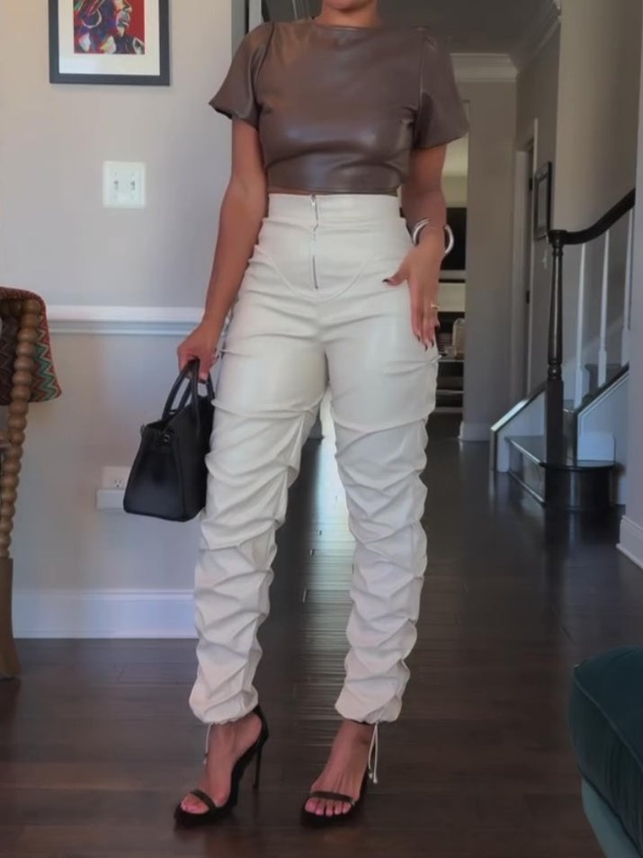 Faux Leather Ruffle Ruched Leggings