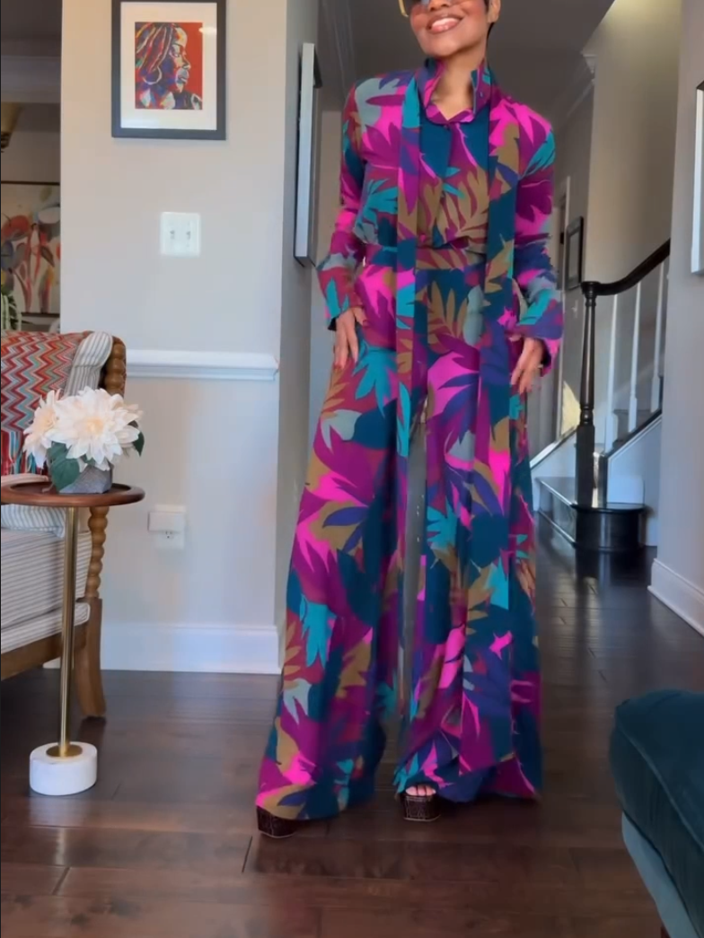 Purple Leaf-Print Two-Piece Set