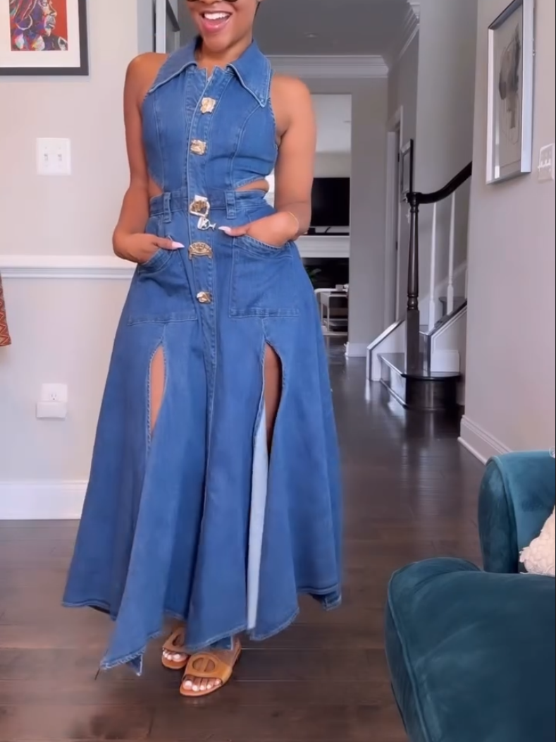 Women's Sleeveless Button Denim Dress