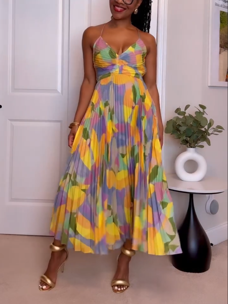 Yellow Strap Printed Pleated Dress
