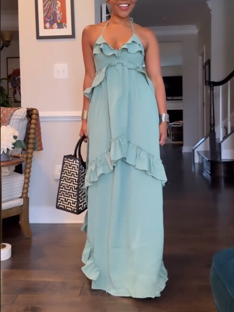 Light Green Flounced Strap Dress