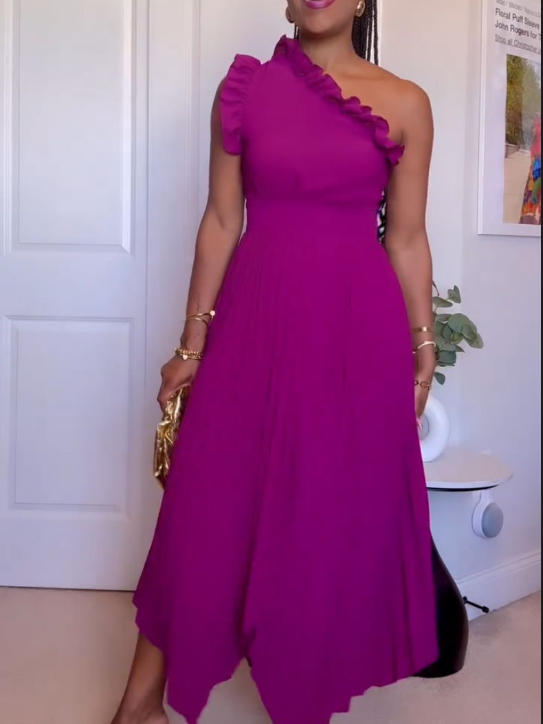 Purple One Shoulder Ruffled Dress